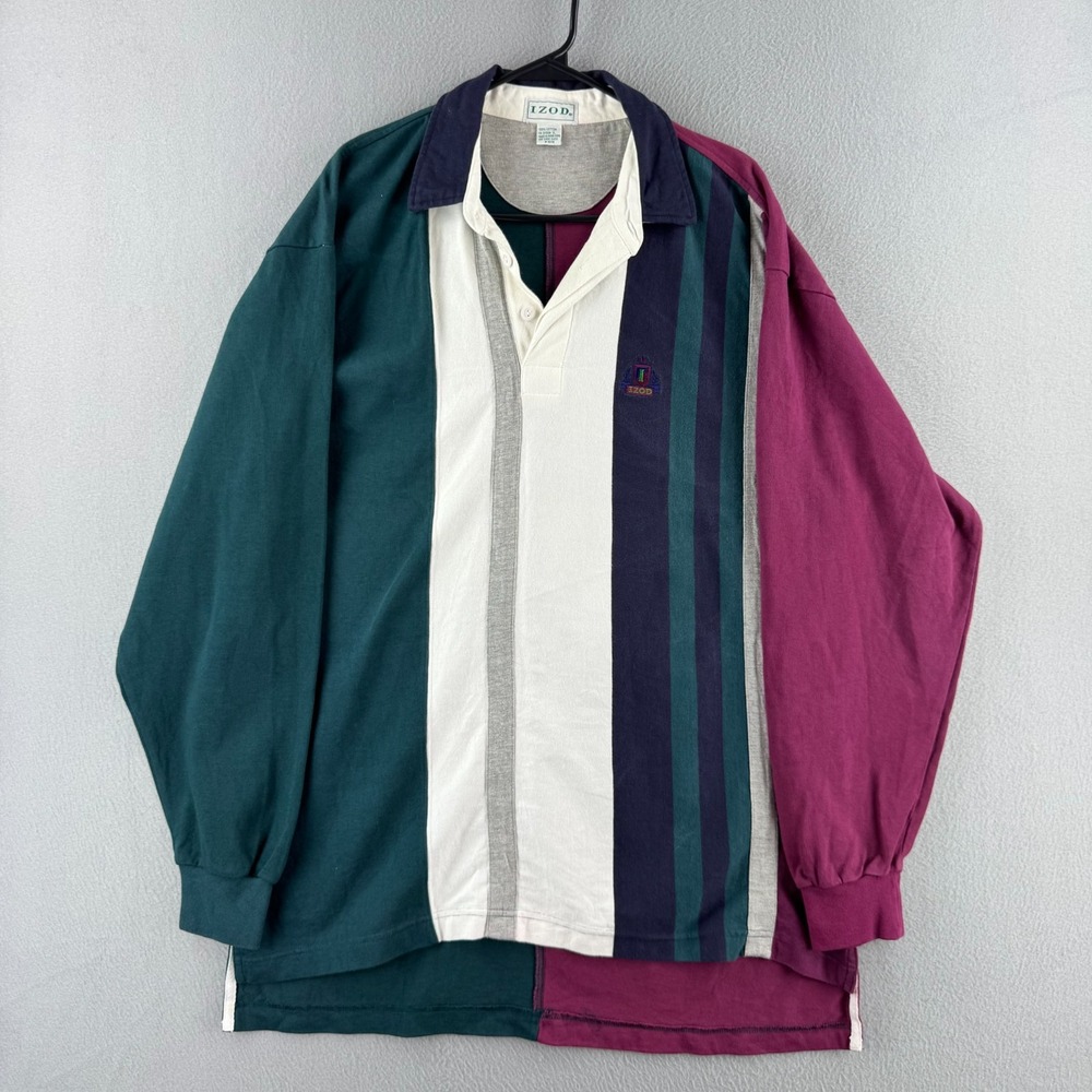 Vitnage Izod Rugby Shirt Mens Large Cotton Long Sleeve Polo 80s 90s Striped